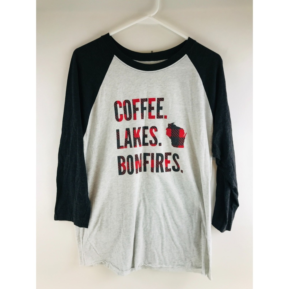 Lakeside Shirt Women's Size L Gray 3/4 Sleeve Round Neck *COFFEE LAKES BONFIRES*